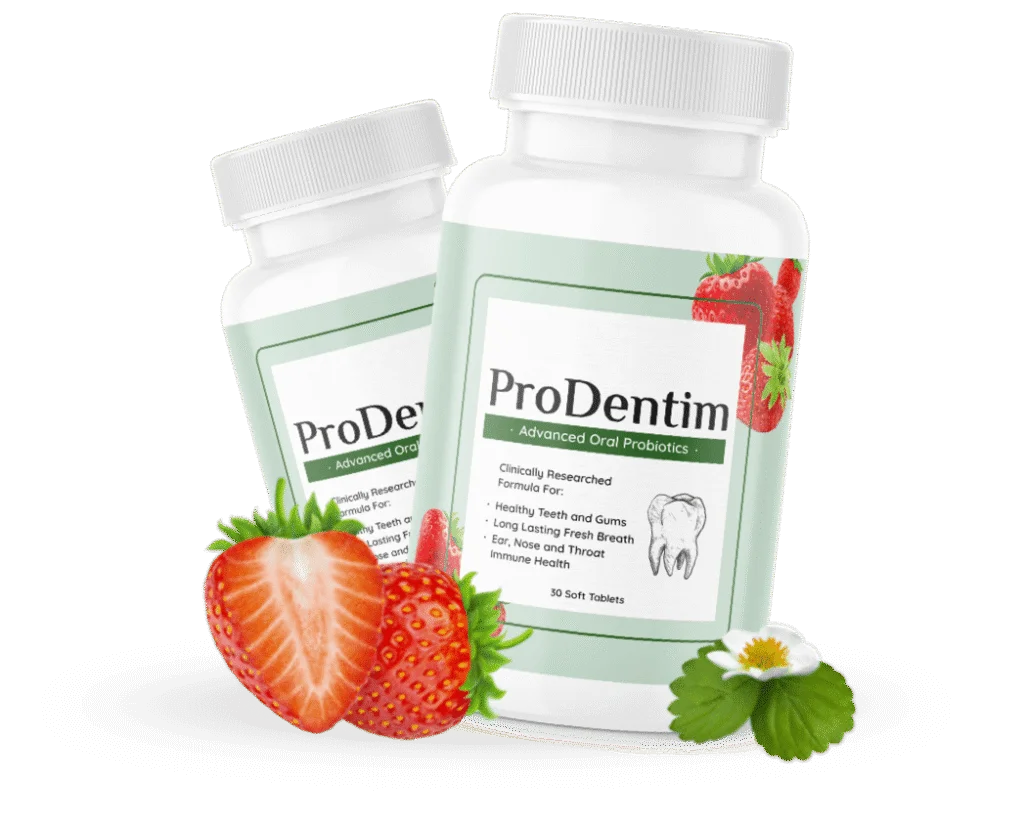 ProDentim benefits visual with bottles strawberries and peppermint