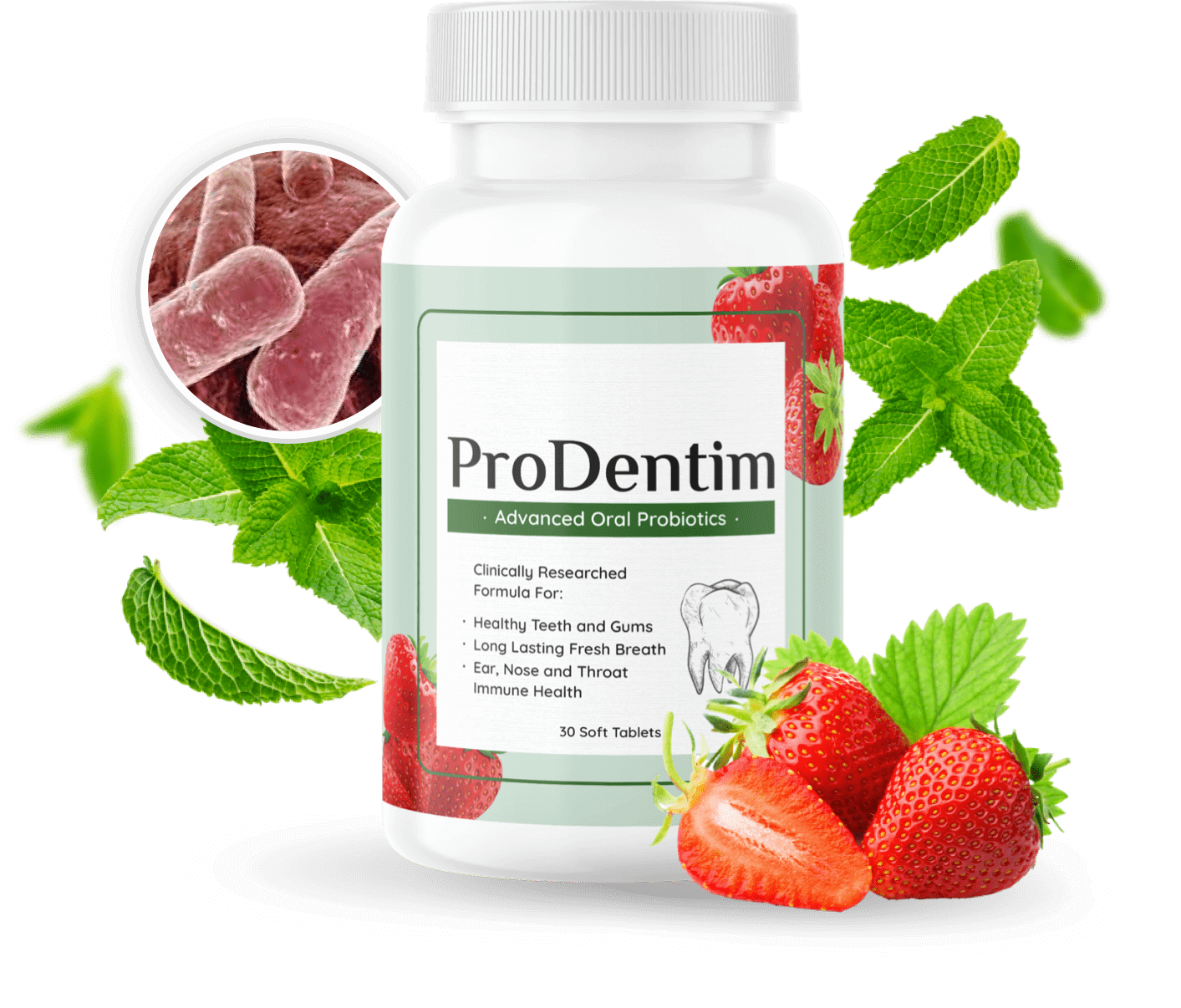 ProDentim official bottle with strawberry and peppermint ingredients