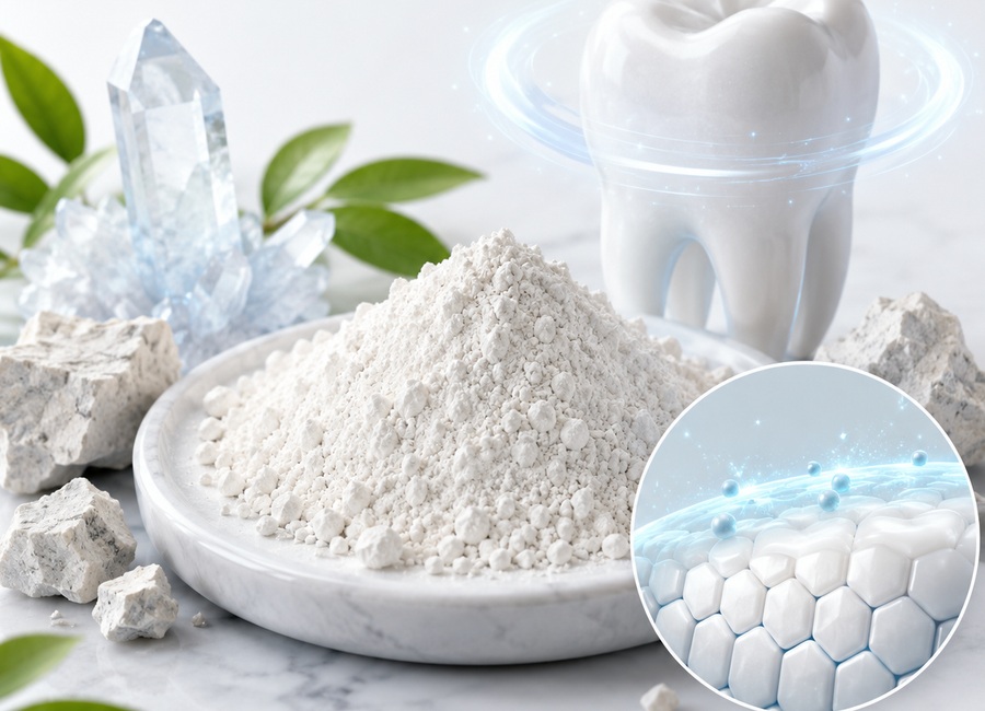 Premium visual of tricalcium phosphate mineral powder with tooth enamel support concept for ProDentim ingredient section